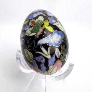 Cloisonné Floral & Butterflies Vintage Black Enamel Egg Chinese Decorative Art
